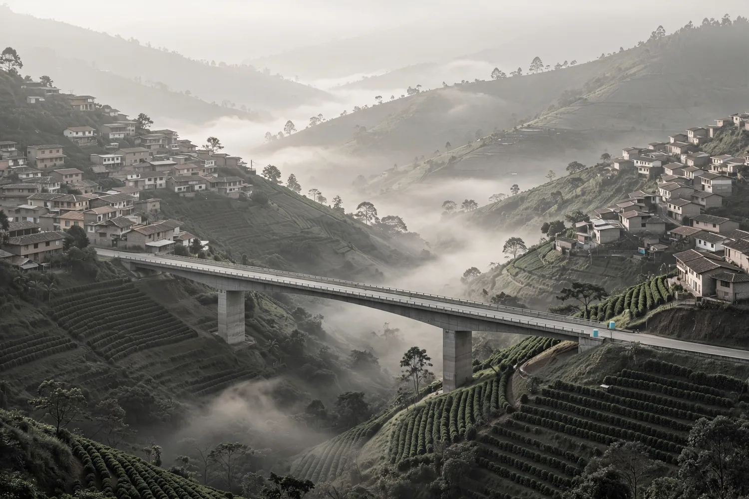 A road viaduct crossing a valley between hillside towns